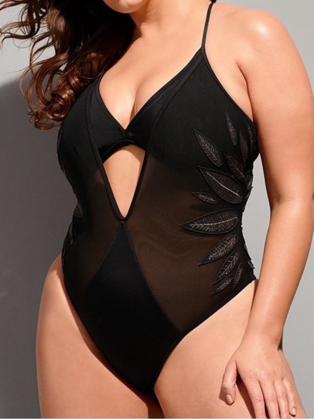 Ashley Graham Black Sheer Cutout One-Piece  Swimsuit